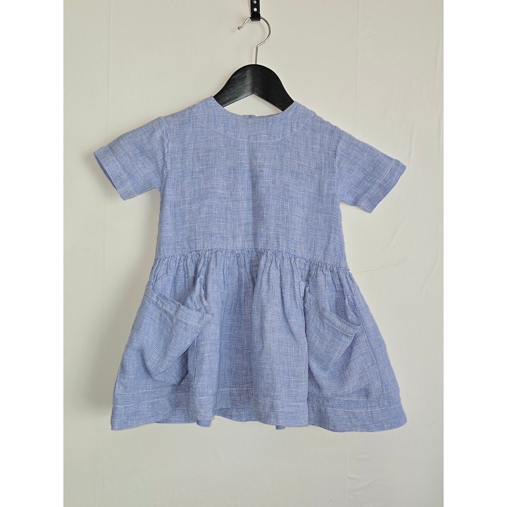 As We Grow Girls 100% Linen Dress 18 months Blue Micro Check Pockets coastal